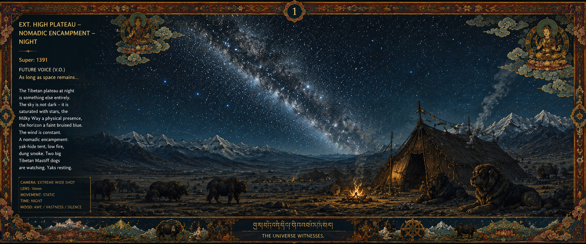 Storyboard panel 1 — a nomadic encampment on the Tibetan plateau at night beneath the Milky Way, 1391